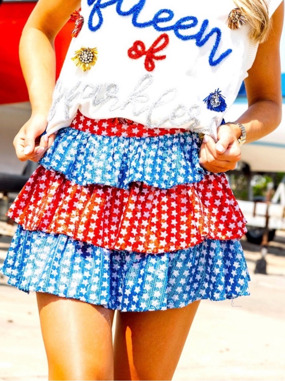 NWT Queen of Sparkles Red, White & Blue Star Sequin Ruffle Tiered Skort. Size S